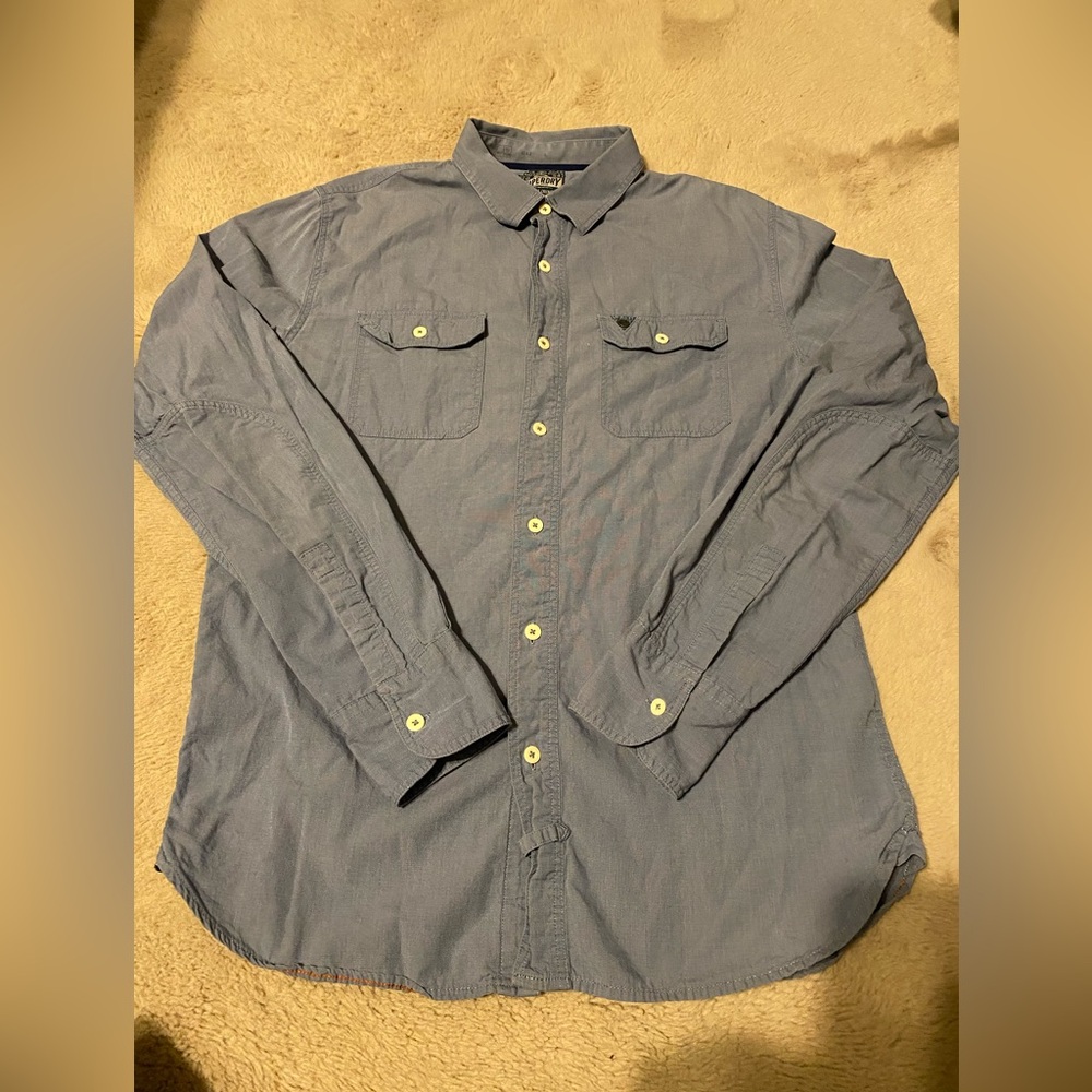Superdry Long Sleeve Shirt Size Large Light Sky Blue Cotton Mens Button Up